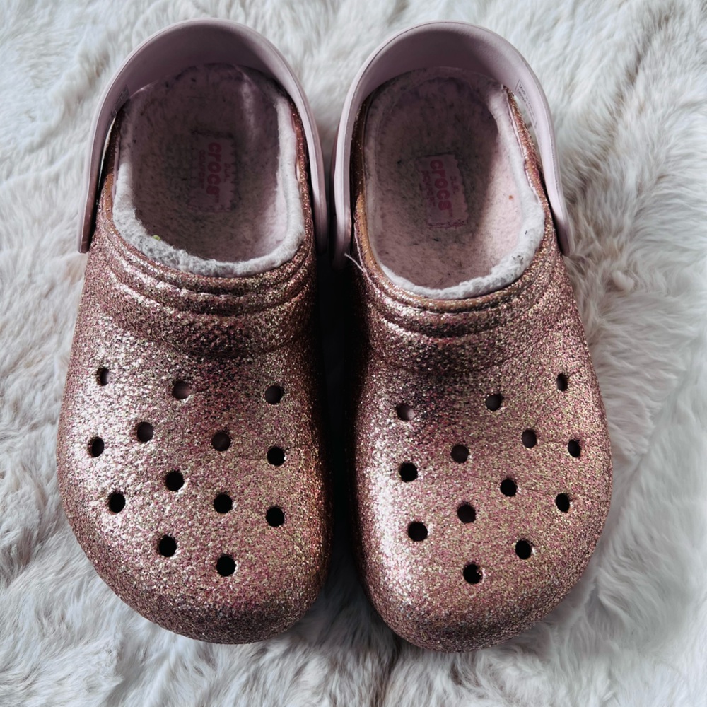 CROC’s size J1 lined clogs, glitter gold, gently used